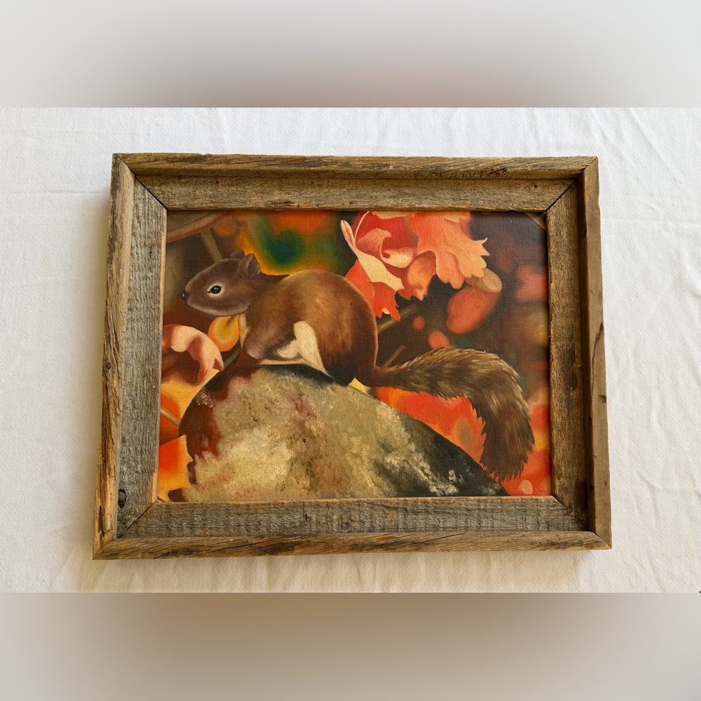 VTG oil painting Framed Squirrel Art Print with Autumn Florals